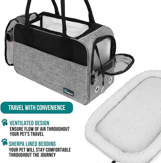 Airline Approved Soft Sided Pet Carrier with Pockets, Sherpa Bed, Gray